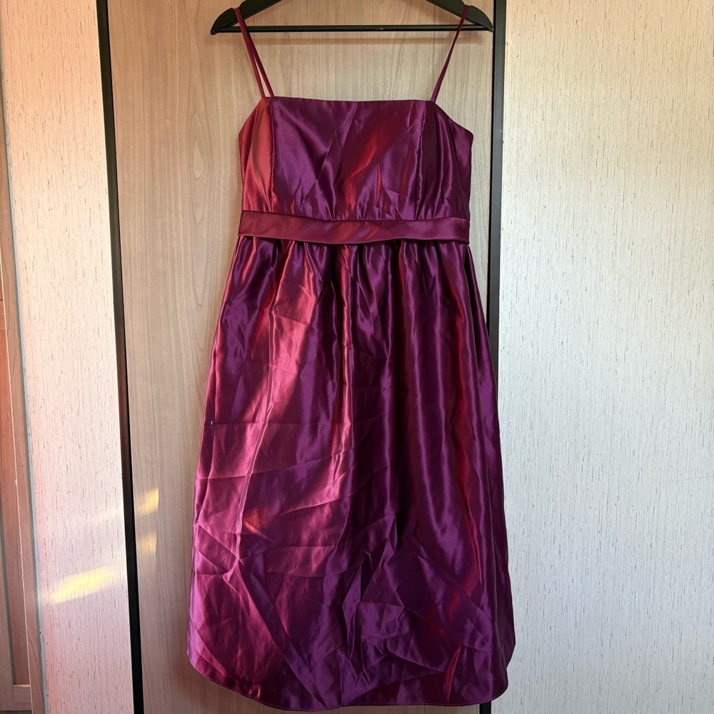 Plum purple satin empire waist babydoll spaghetti strap bow tie back mini dress